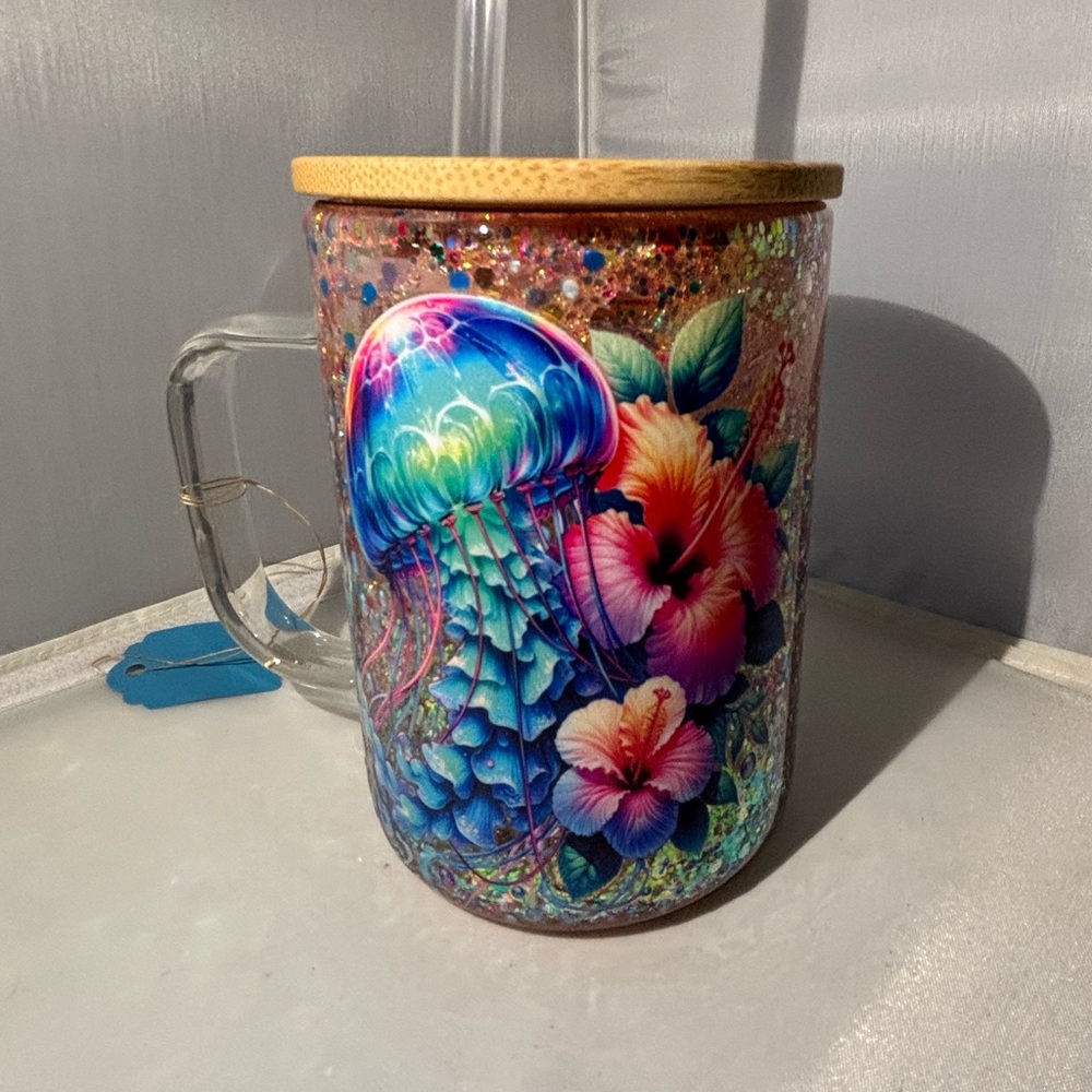 Colorful Jellyfish and Hibiscus Glass Mug